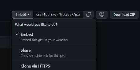 Drop down menu for sharing gists. "Embed" option is selected