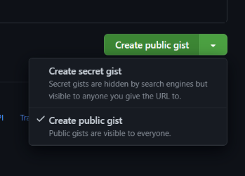 Drop down menu for creating gists. "Create public gist" is selected